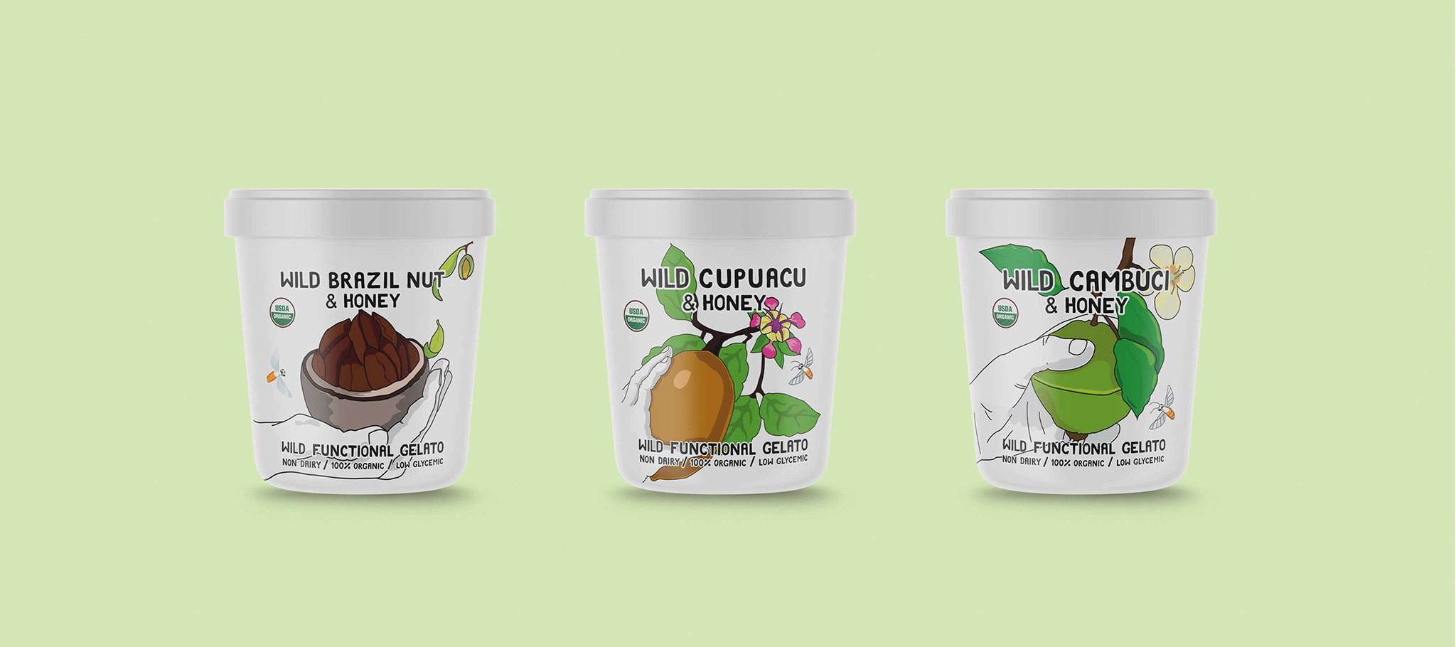 Package design and artwork for Harmless Harvest Wild Functional Gelatos.