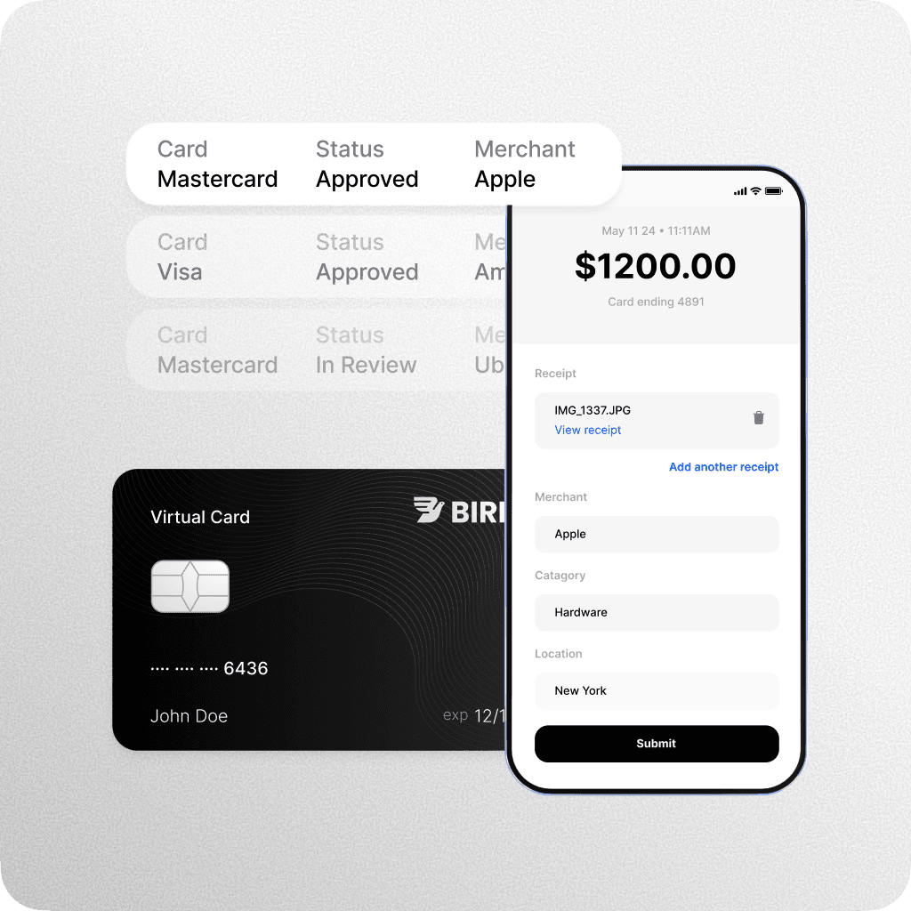 Virtual card interface showing transaction details, status, and merchant information on a mobile screen.