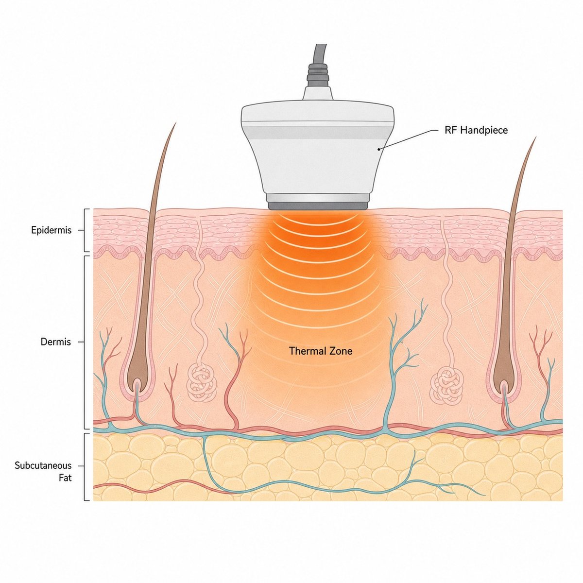 Diagram showing InMode FX radiofrequency energy penetrating from epidermis surface into dermis and subcutaneous fat layer