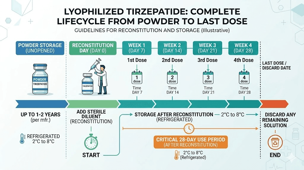 Lyophilized tirzepatide vial lifecycle timeline from reconstitution to expiration