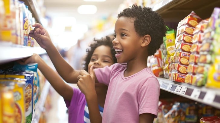An image showing the unhealthy food being advertised to children in supermarkets