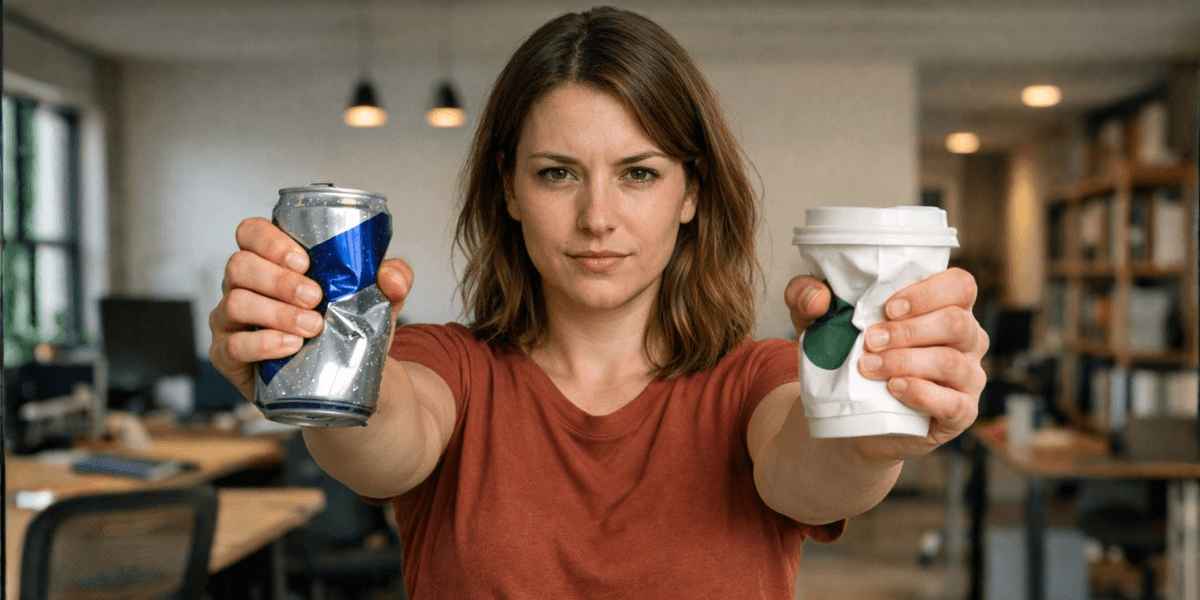 A woman with two Red Bull cans illustrates the trend of adapting caffeine consumption to modern, fast-paced living.
