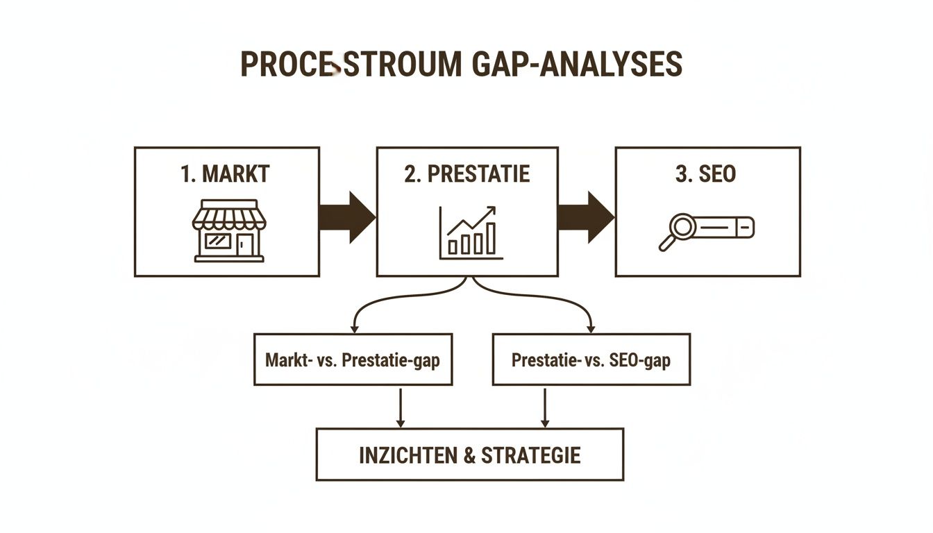 Een diagram van een processtroom voor gap-analyses met stappen markt, prestatie en SEO, leidend tot inzichten en strategie.