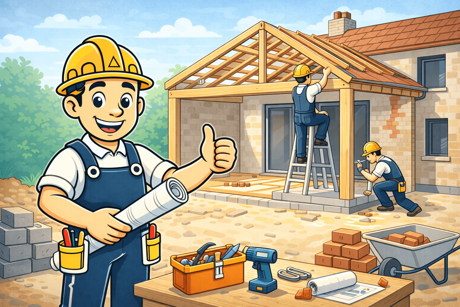 llustration d’Alfred artisan avec casque jaune supervisant un chantier d’extension de maison avec murs en construction et outils.
