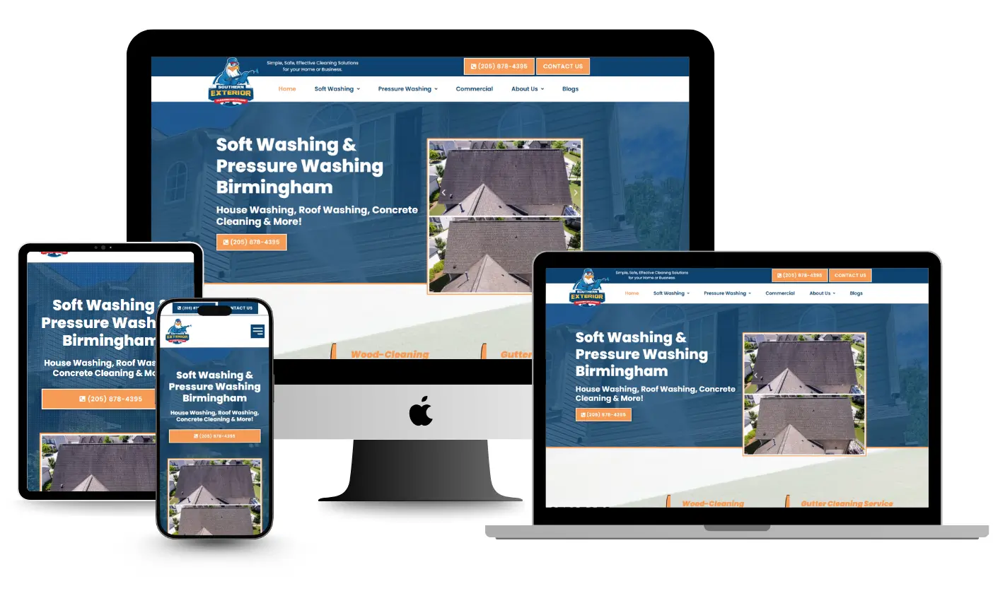 Southern Exterior website mockup showing soft washing services on desktop, tablet, and mobile.