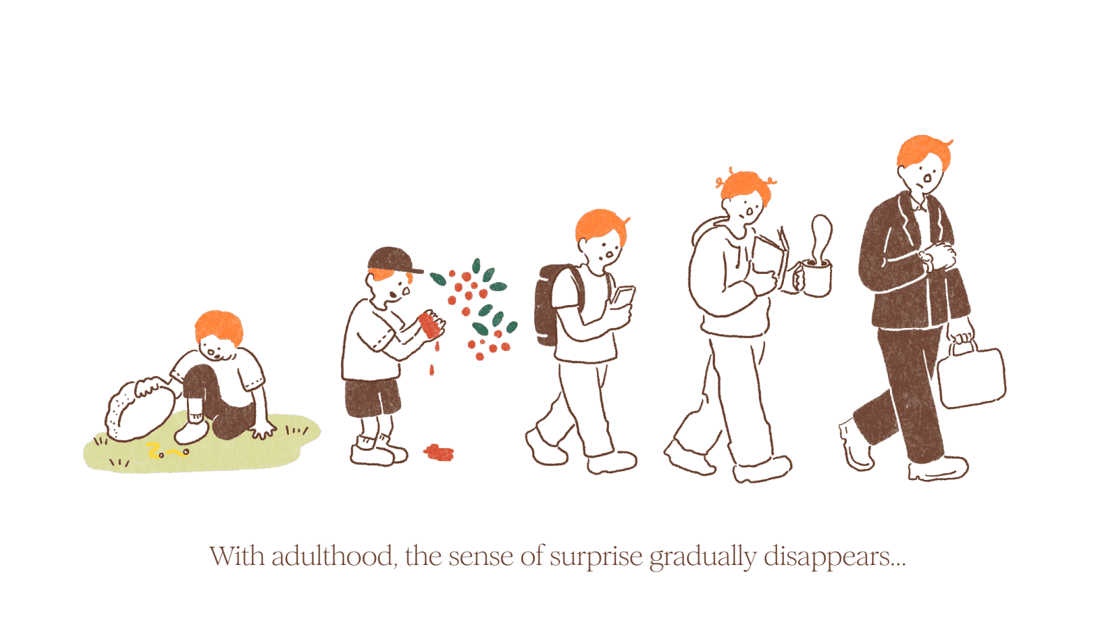 Illustrated journey from childhood curiosity to adult routine