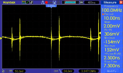AC-coupled ripple capture at 2A load: 306mV peak-to-peak switching noise
