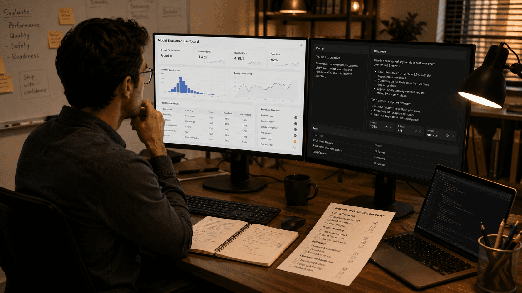 Developer evaluating AI model performance with benchmark charts, prompt response testing, and production readiness checks