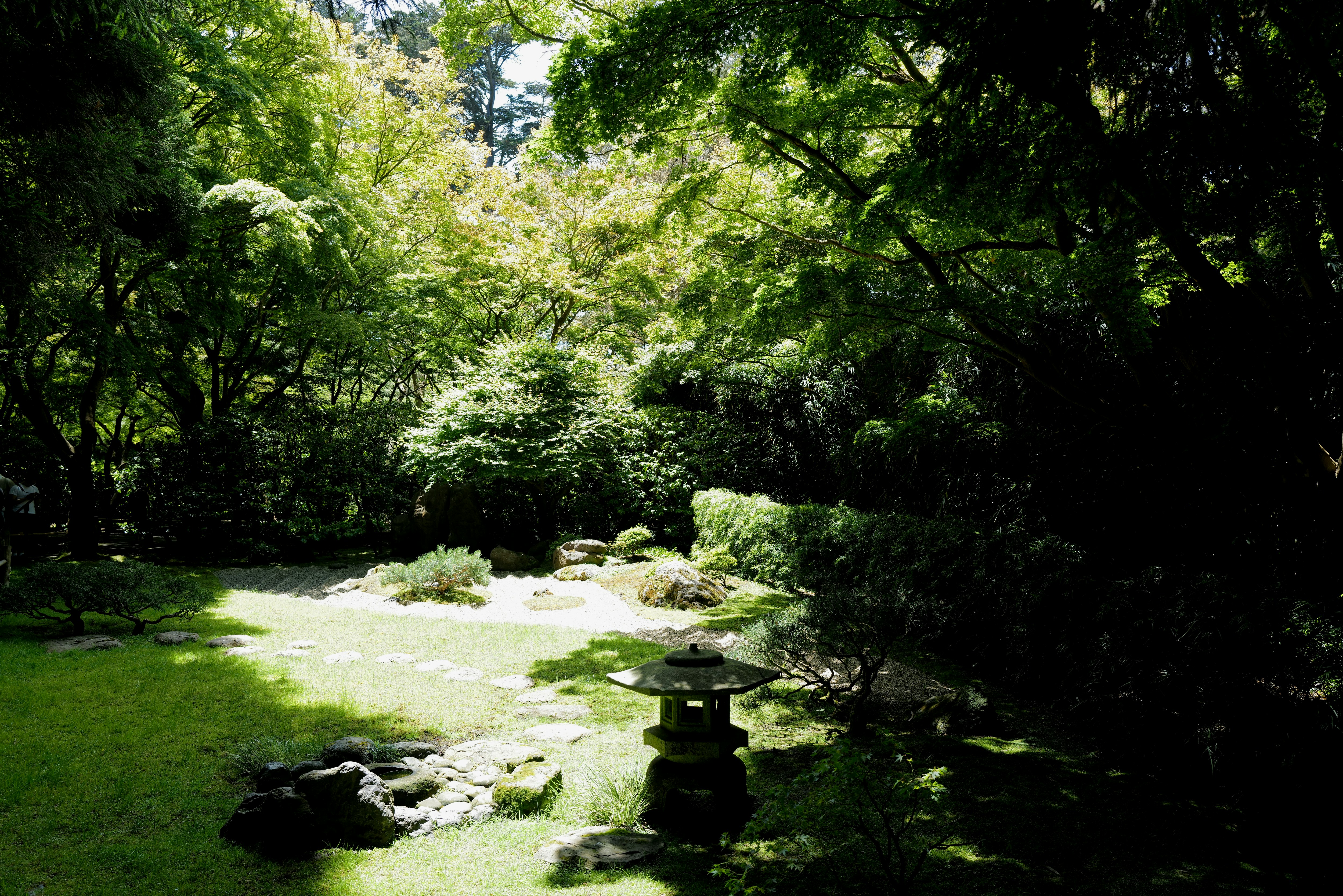 Stone lantern in a sun-dappled garden
