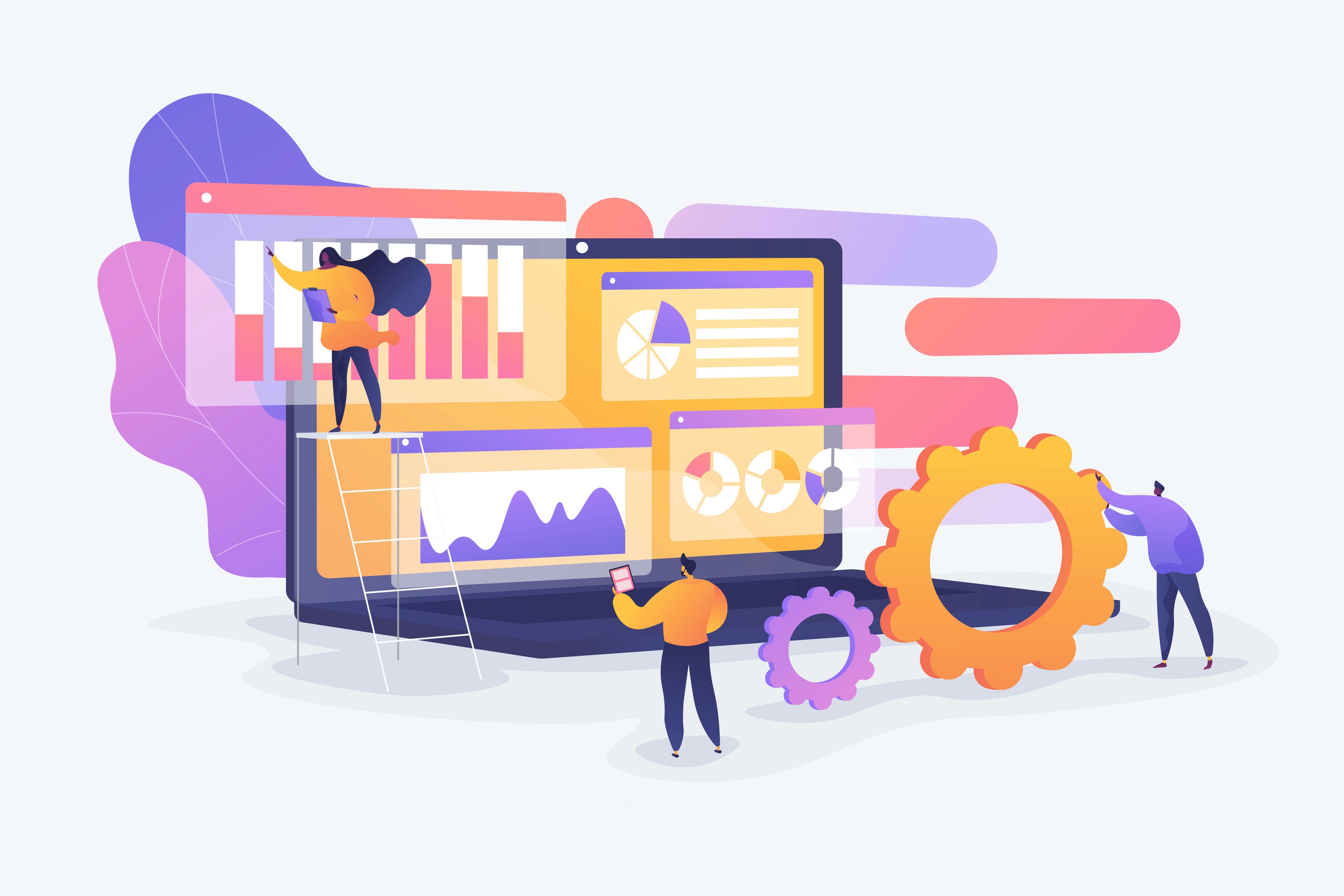 11:22 PM Illustration of marketers configuring a campaign analytics dashboard with charts and gear icons