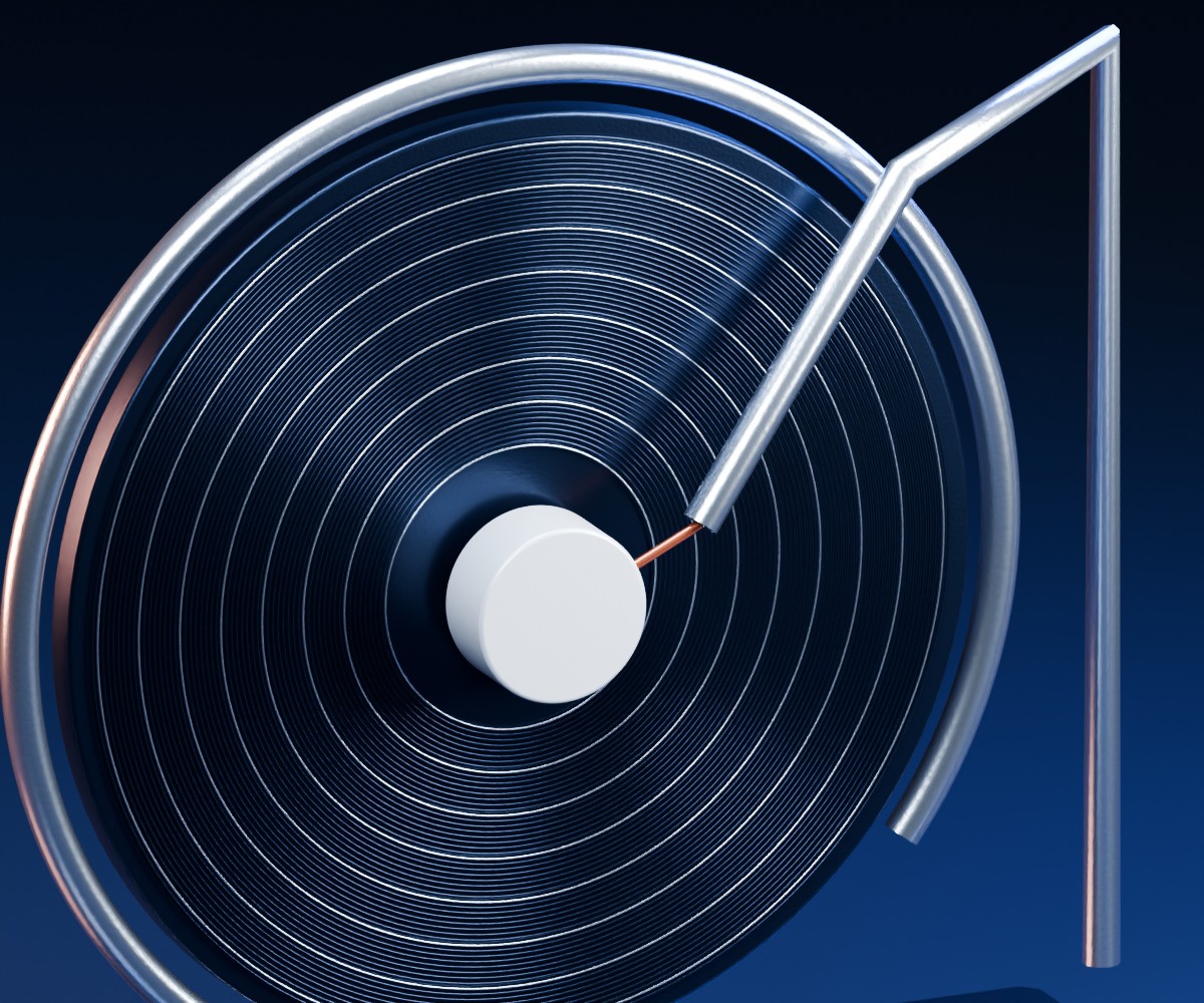 An alternate close view across the cut record grooves, ceramic centre and articulated stylus of the Still Signal sculpture.