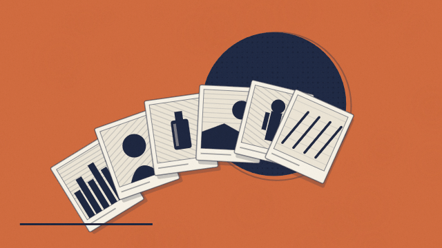 Engraved-poster cover on a burnt-orange field: a fanned stack of etched photo prints spills off-center across a bold deep-navy circle that gently breathes, with a slow light sweep across the prints — the library produced by one content day. Raised Media Co.