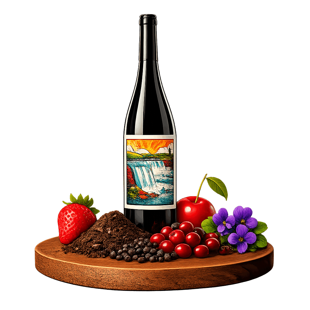 Artistic label and flavor profile for Canadian Gamay on a rustic wooden table.