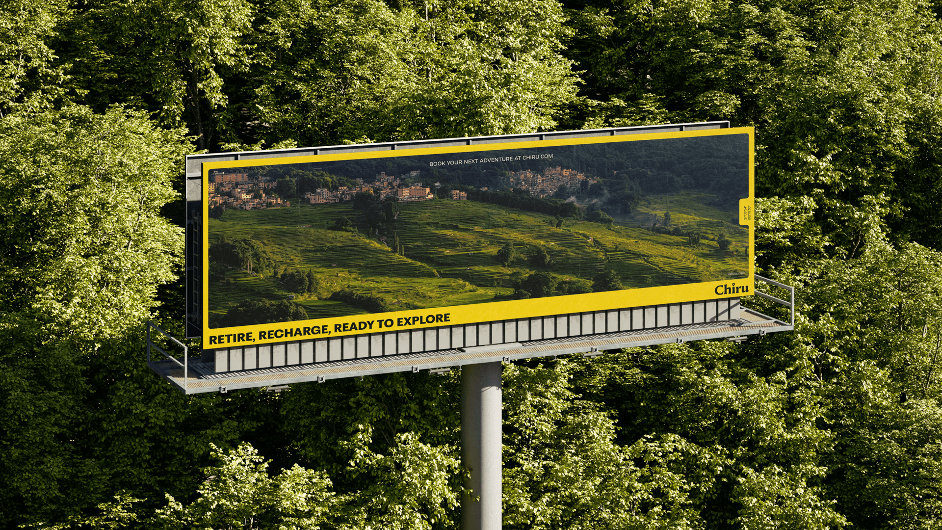 A yellow billboard with a black border displays a scenic landscape of green fields and buildings. The text “BILLBOARD: BOOK YOUR NEXT ADVENTURE AT CHIANTO” appears at the top. Below the landscape, the words “RETIRE, RECEIVE, BRADY TO EXPLORE” are printed in black. The billboard is mounted on a gray pole and is surrounded by dense green trees.