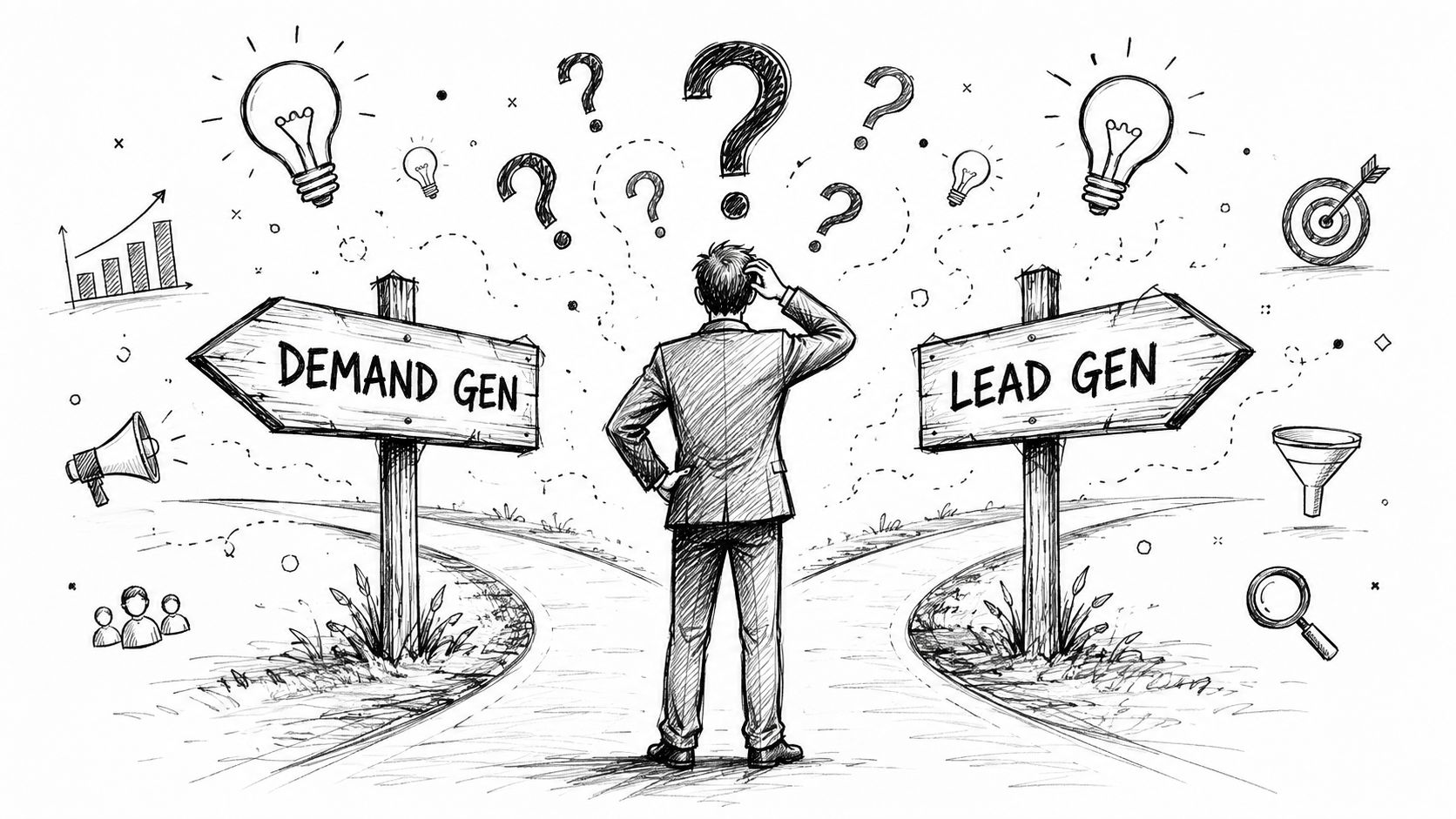 A businessman standing at a fork in the road choosing between demand generation and lead generation strategies.