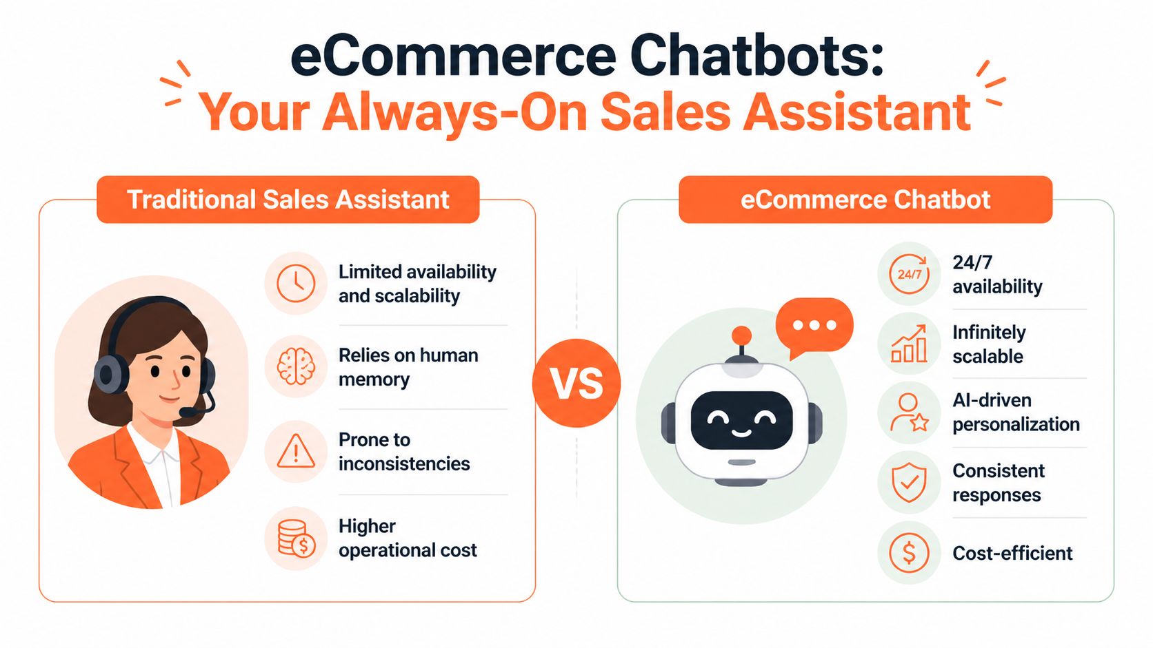 A comparison chart showing benefits of ecommerce chatbots versus a human traditional sales assistant for business.