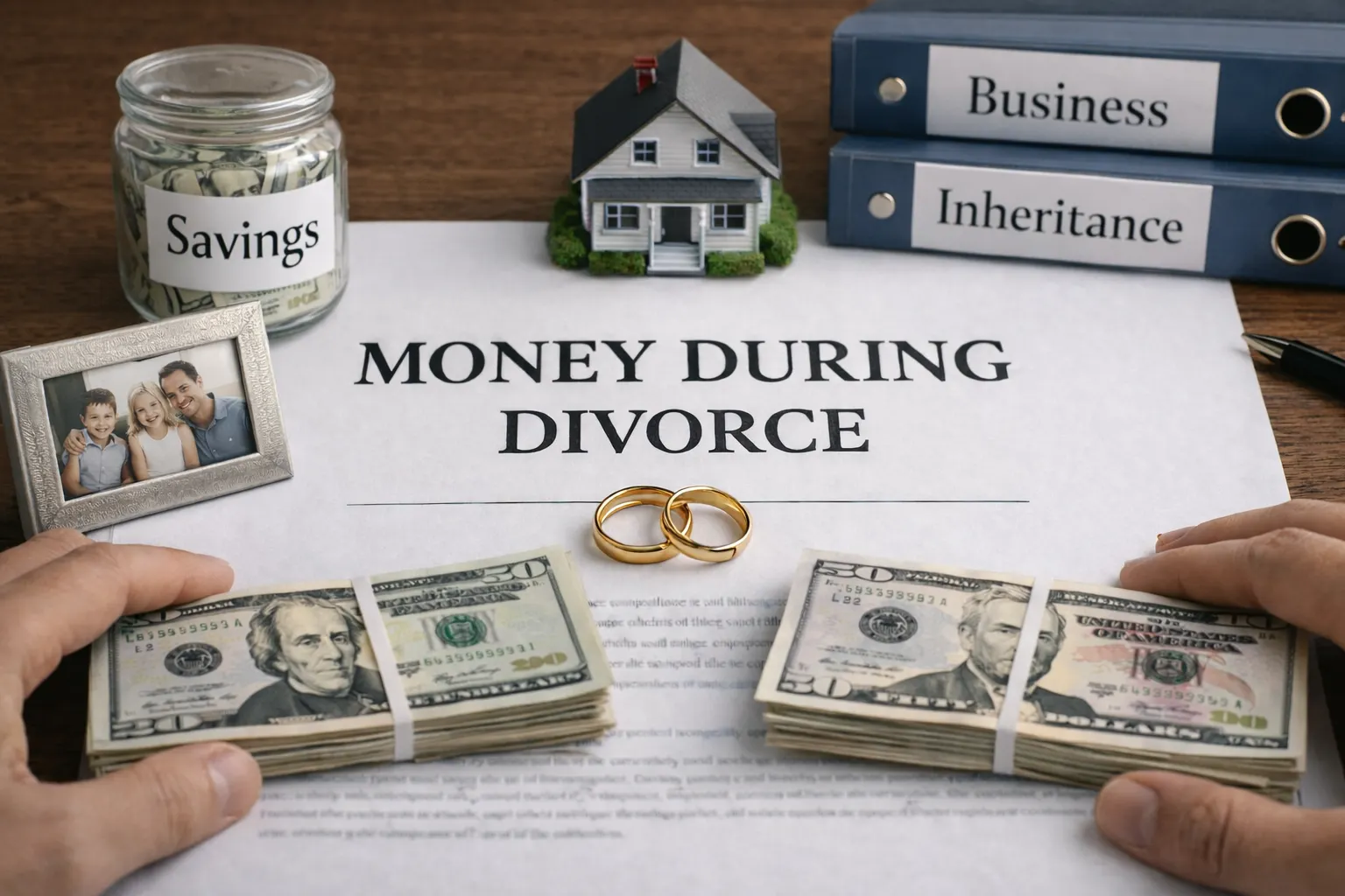 Money During Divorce document on a lawyer’s desk with two wedding rings, a miniature house, two equal stacks of U.S. dollars, a savings jar, a framed family photo with children, and binders labeled Business and Inheritance, symbolizing how finances and assets are divided in a Florida divorce.