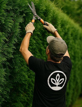 Osoba przycina żywopłot sekatorem