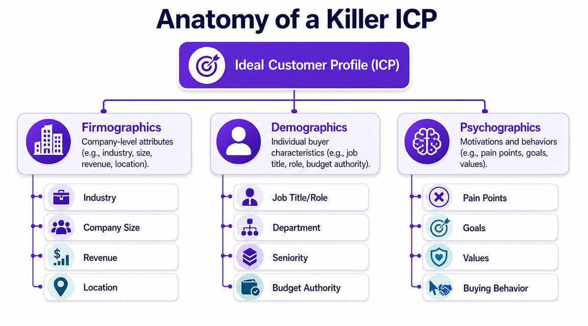 A diagram illustrating the anatomy of an ideal customer profile, divided into firmographics, demographics, and psychographics.