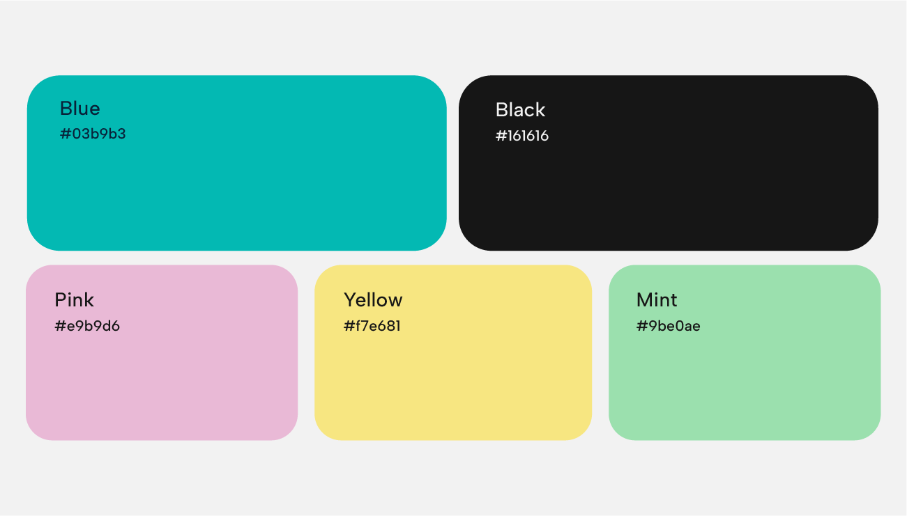 A color palette with a primary color of tiffany blue and charcoal black with complementary colors of pink, yellow and mint green.