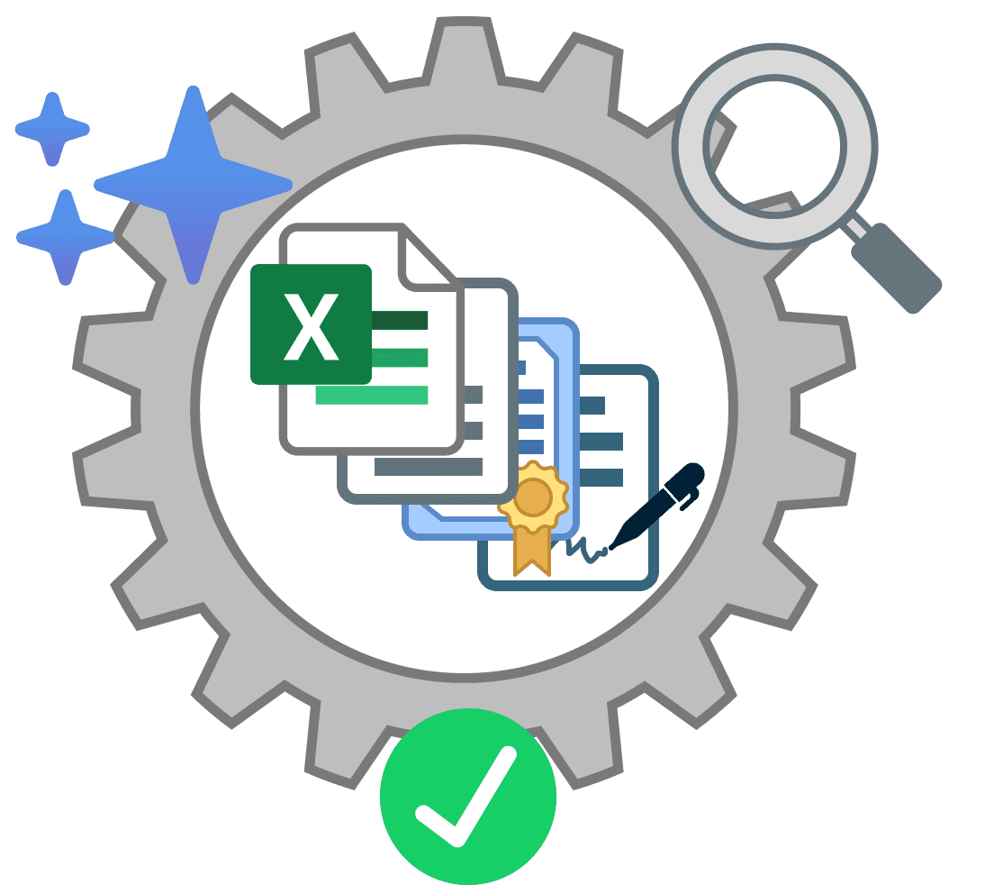 The illustration depicts a large gear with an Excel icon, a document, a magnifying glass, and a checkmark symbolizing efficiency in data analysis and processing.