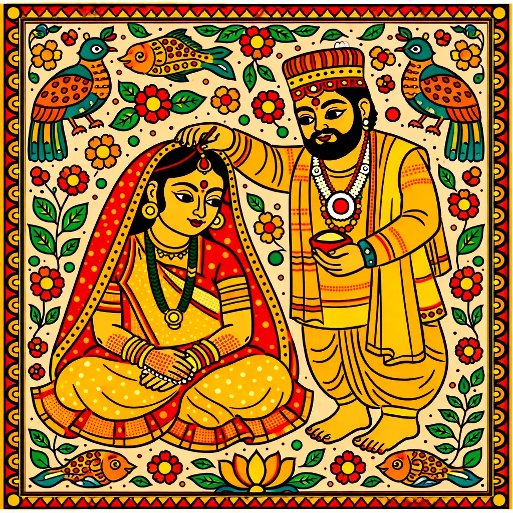 groom applying vermillion to the brides hair parting, sindoordan 