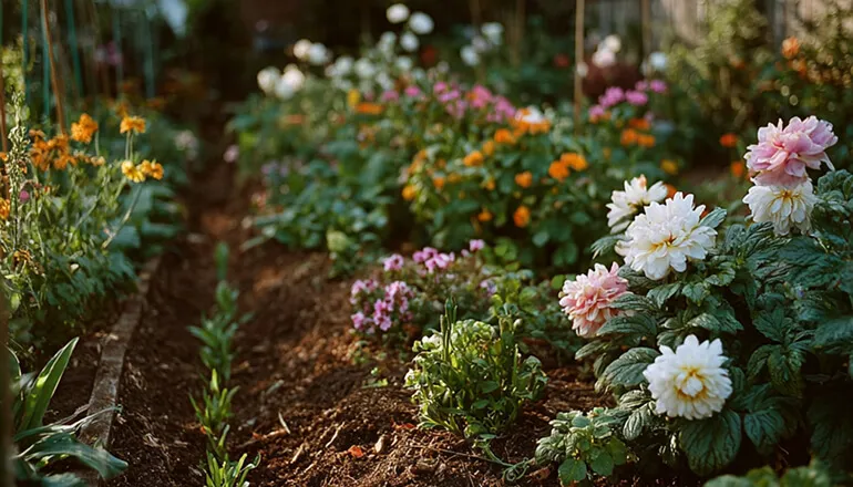 Garden with weeds growing out