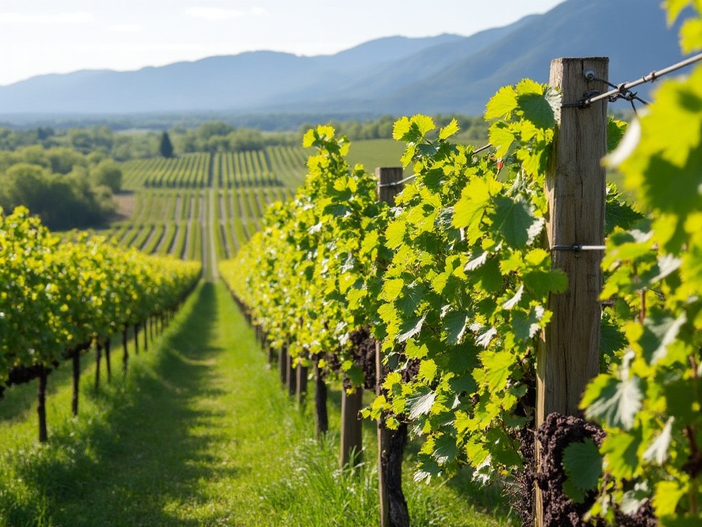 Vineyards with a mountain backdrop, where nature meets agriculture.