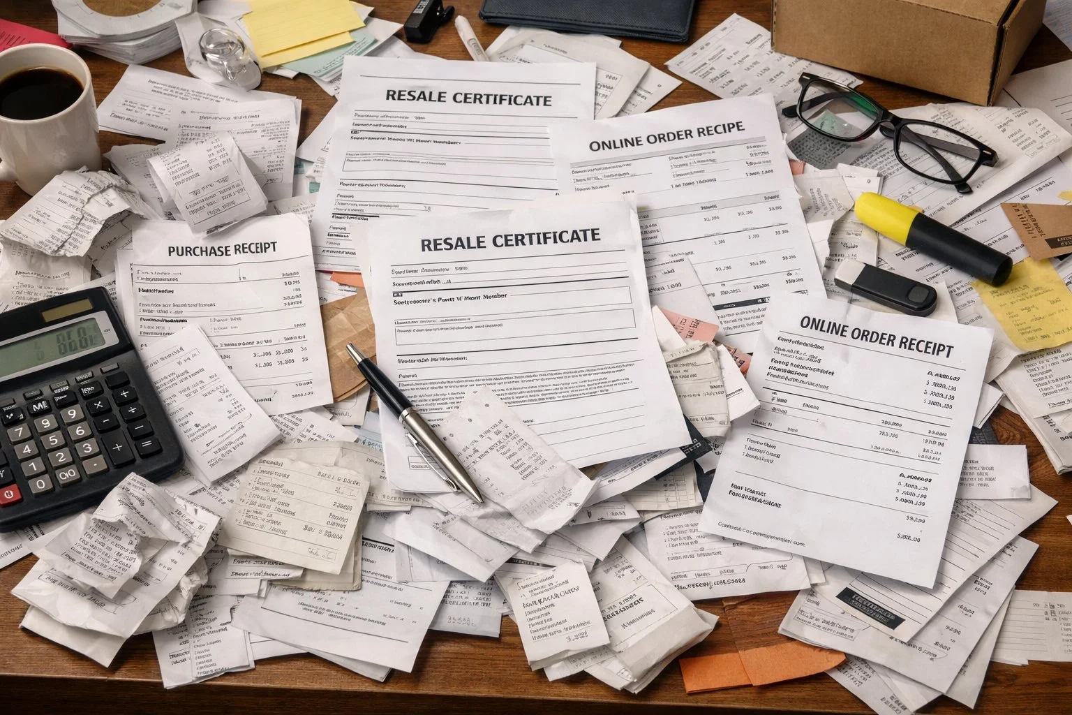 Messy desk cluttered with mixed-use purchases, resale certificates, and online receipts tangled together.