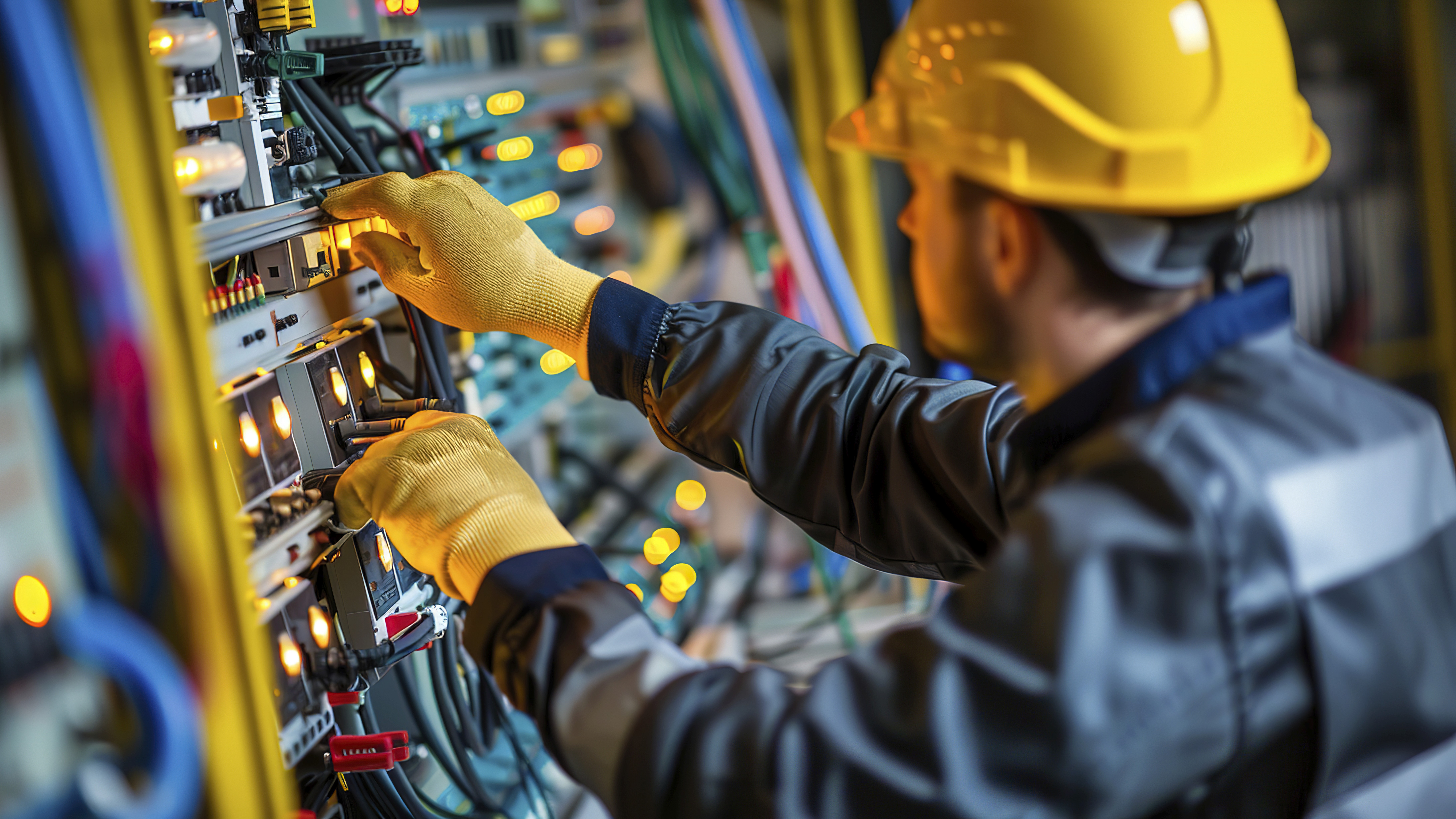 Electrician in yellow hard hat adjusting an electrical control panel