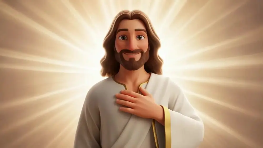 Scene 14: Jesus with a hand on his heart against a glowing golden background