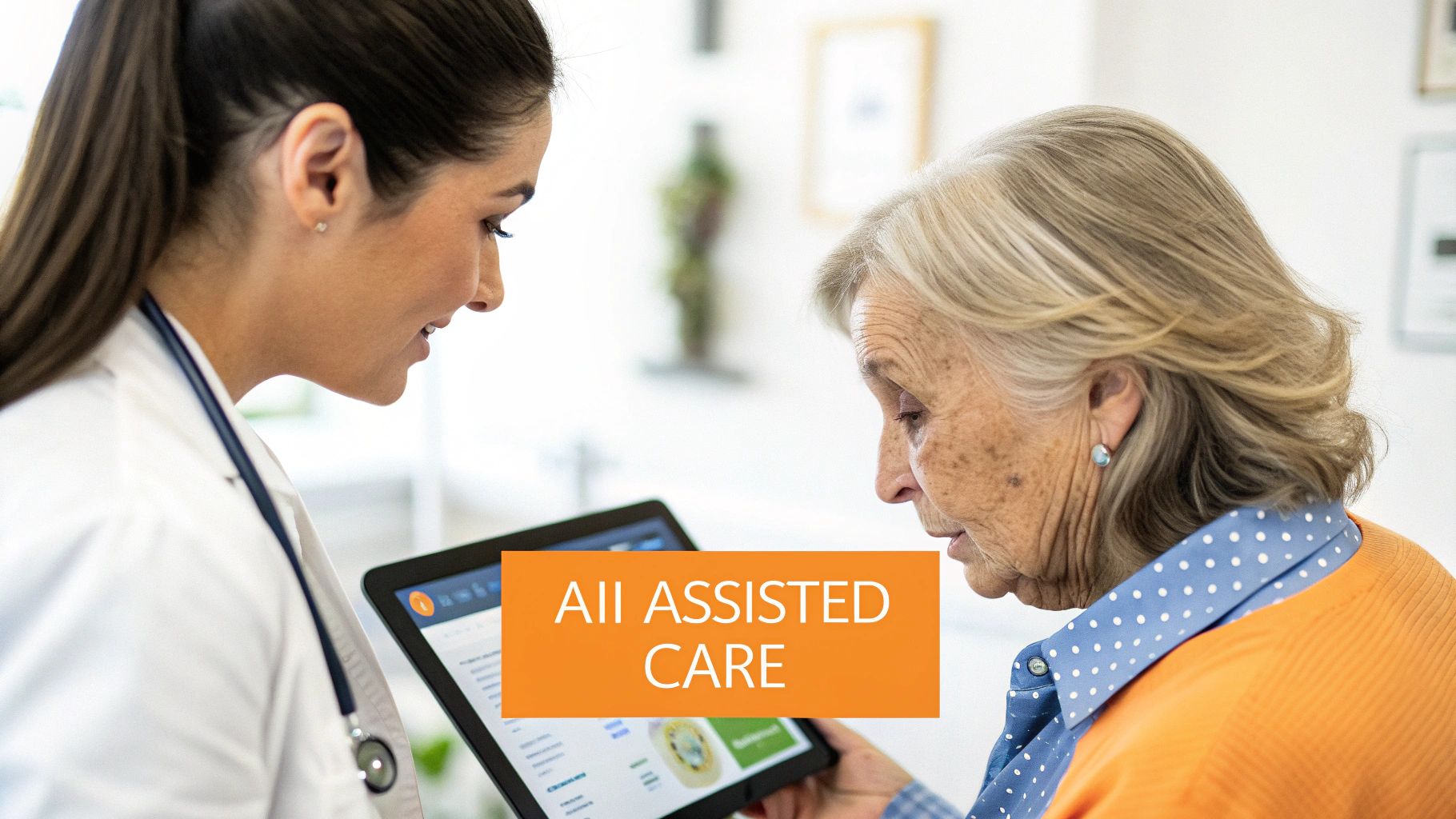 A doctor in a white coat shows an elderly woman health information on a digital tablet.