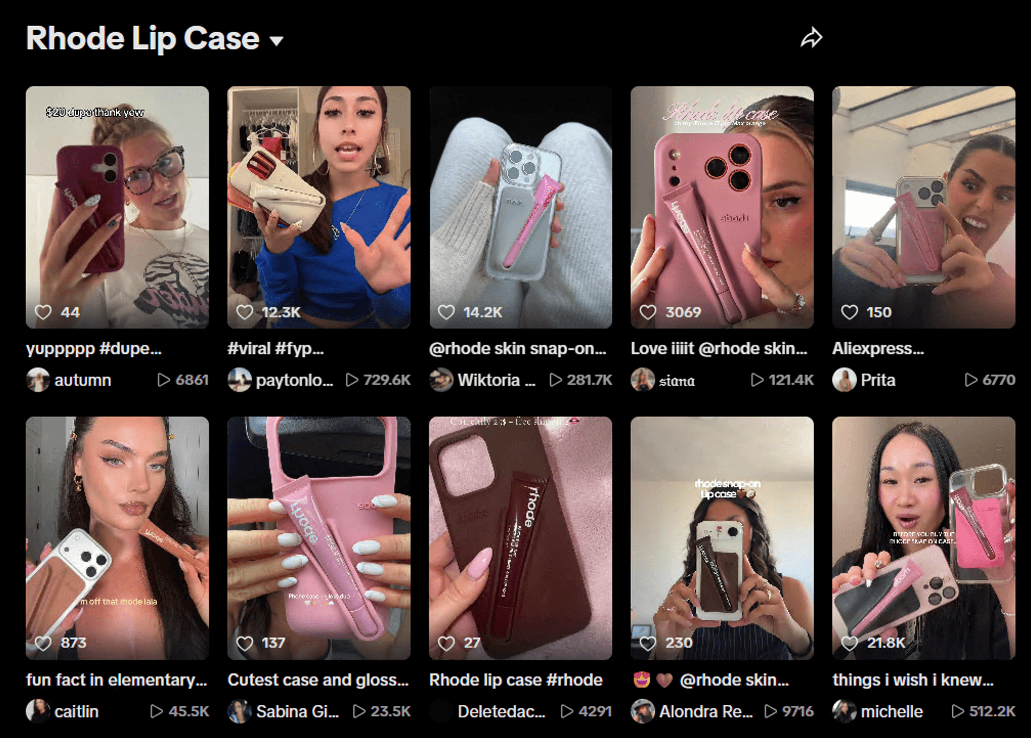 TikTok creators showcasing the viral Rhode lip case phone accessory in various colors.