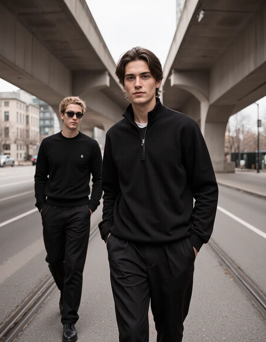 Two models in all-black outfits walking confidently under a concrete overpass, creating a striking minimalist urban fashion scene.