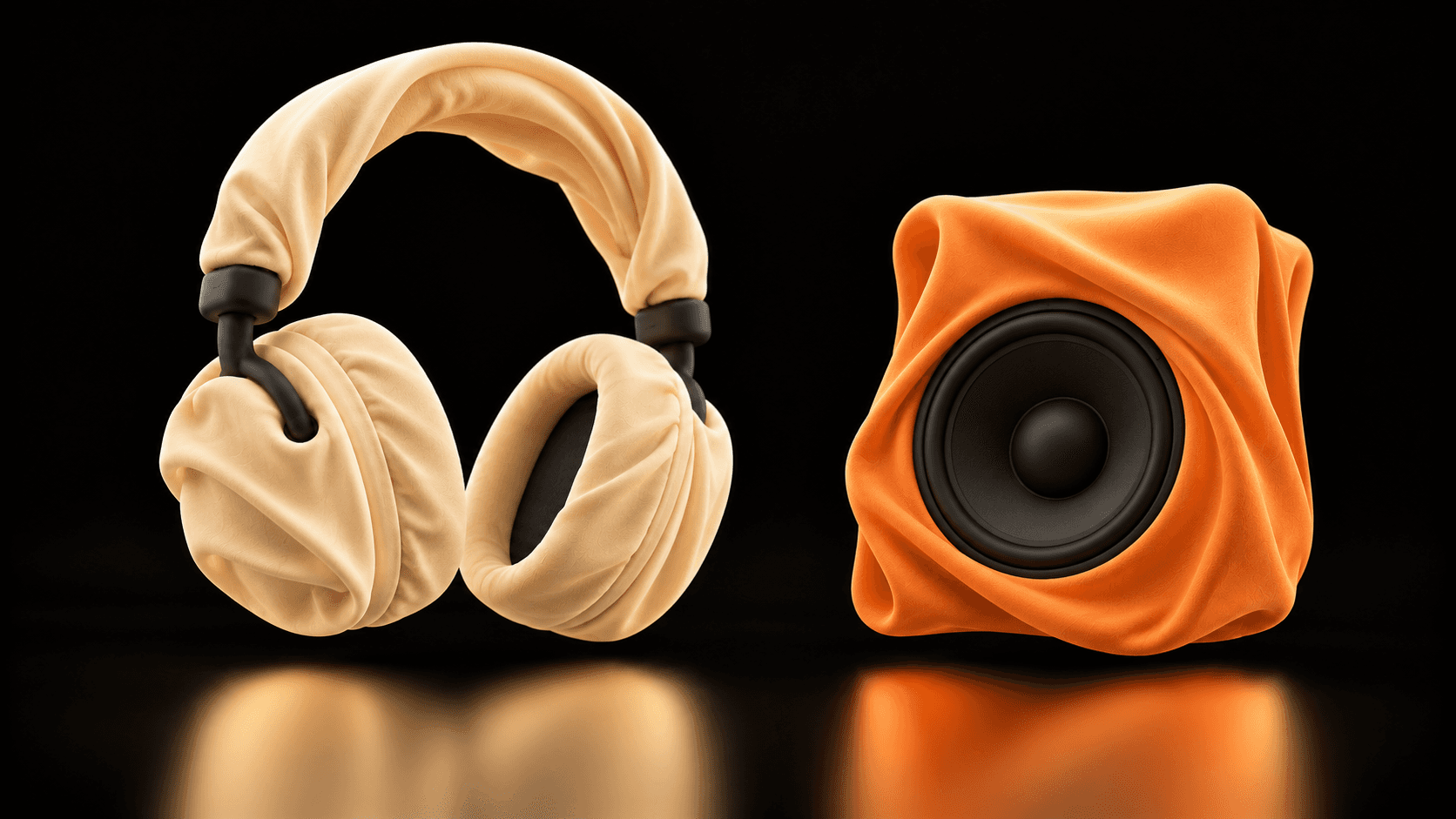 Separate cream cloth headphones and an orange cloth loudspeaker, illustrating a comparison between playback devices