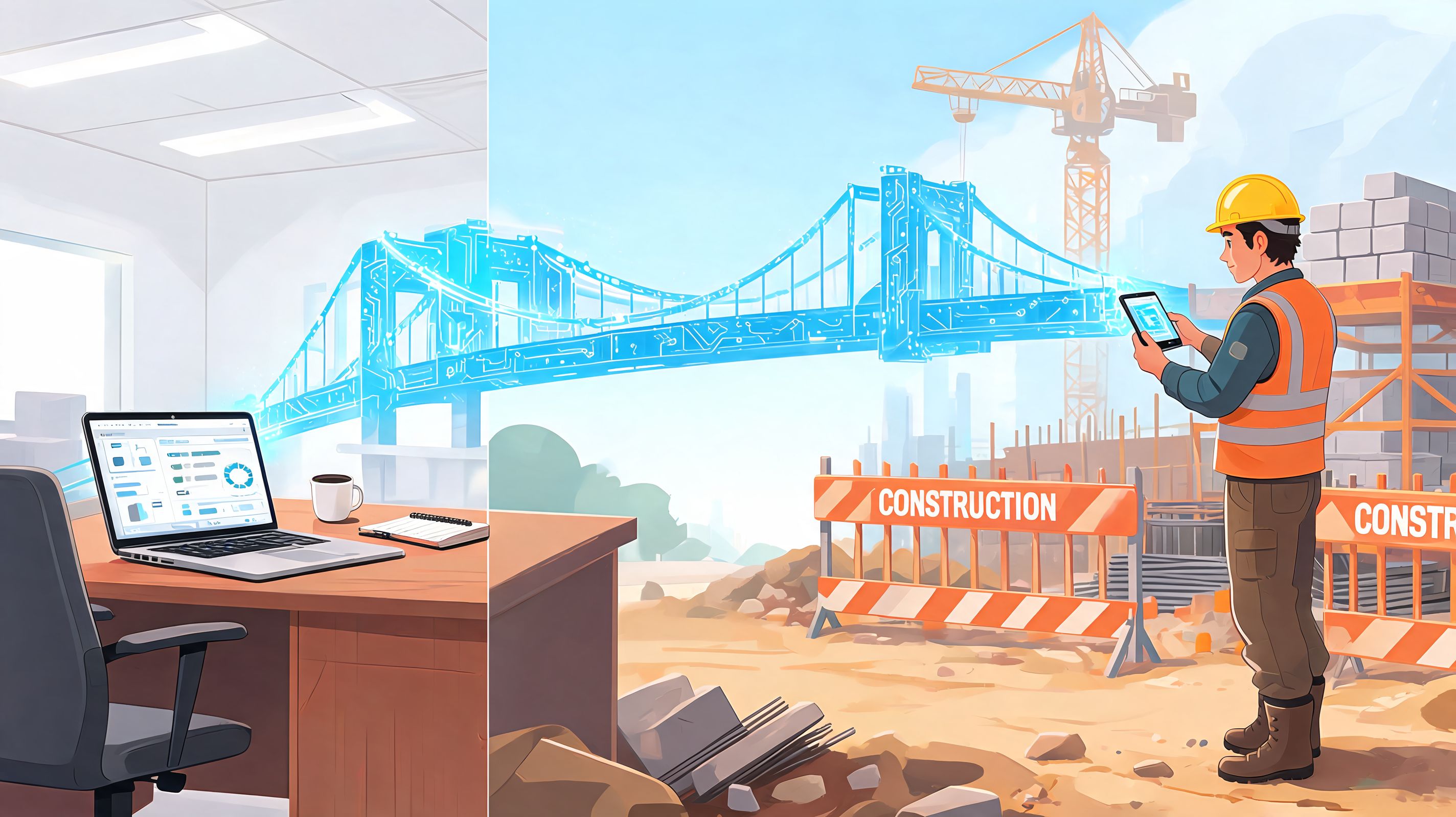 A split view showing an office workstation and a construction site connected by a digital bridge model.