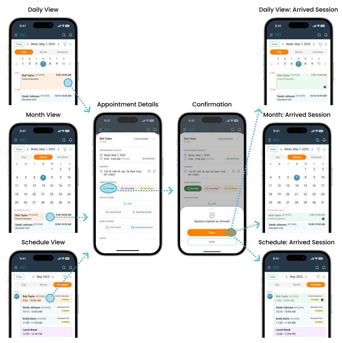 Hi-fidelity wireframes showing "mark appointment as arrived" flow