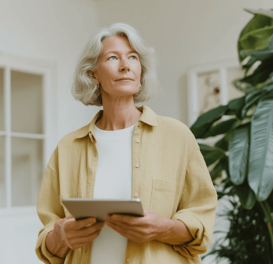 Older woman with gray hair holding tablet, looking thoughtful
