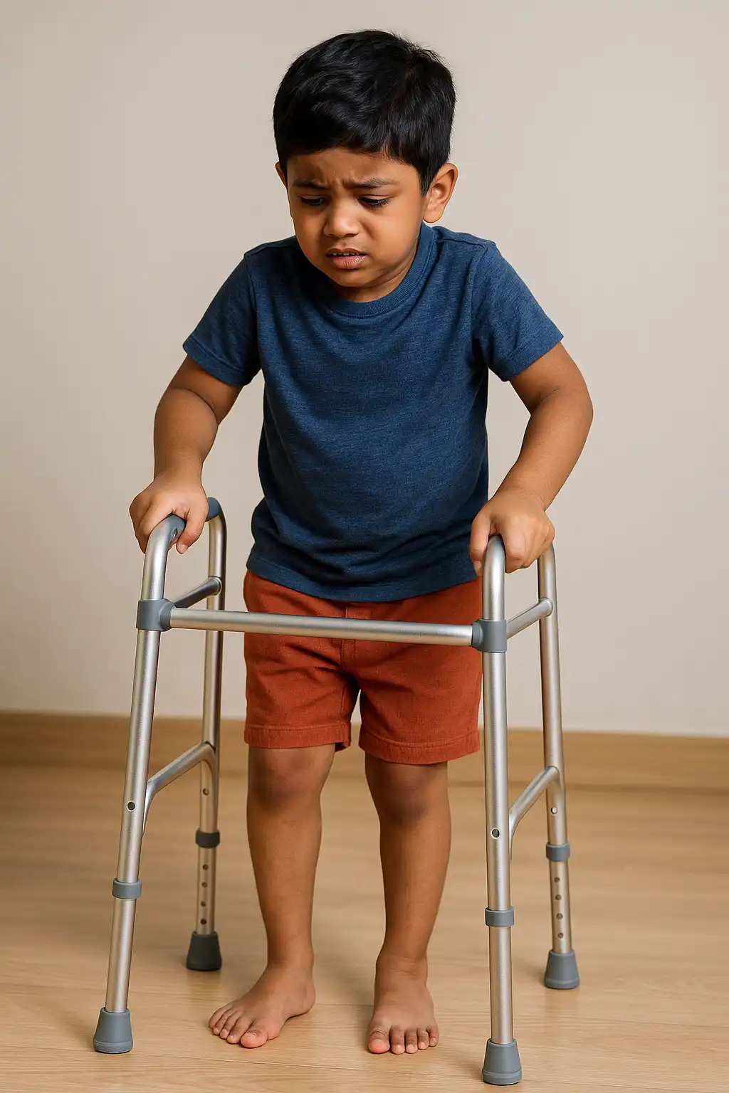 Muscle weakness and spasticity illustrated by a young child struggling to walk with a walker, showing difficulty bearing weight.