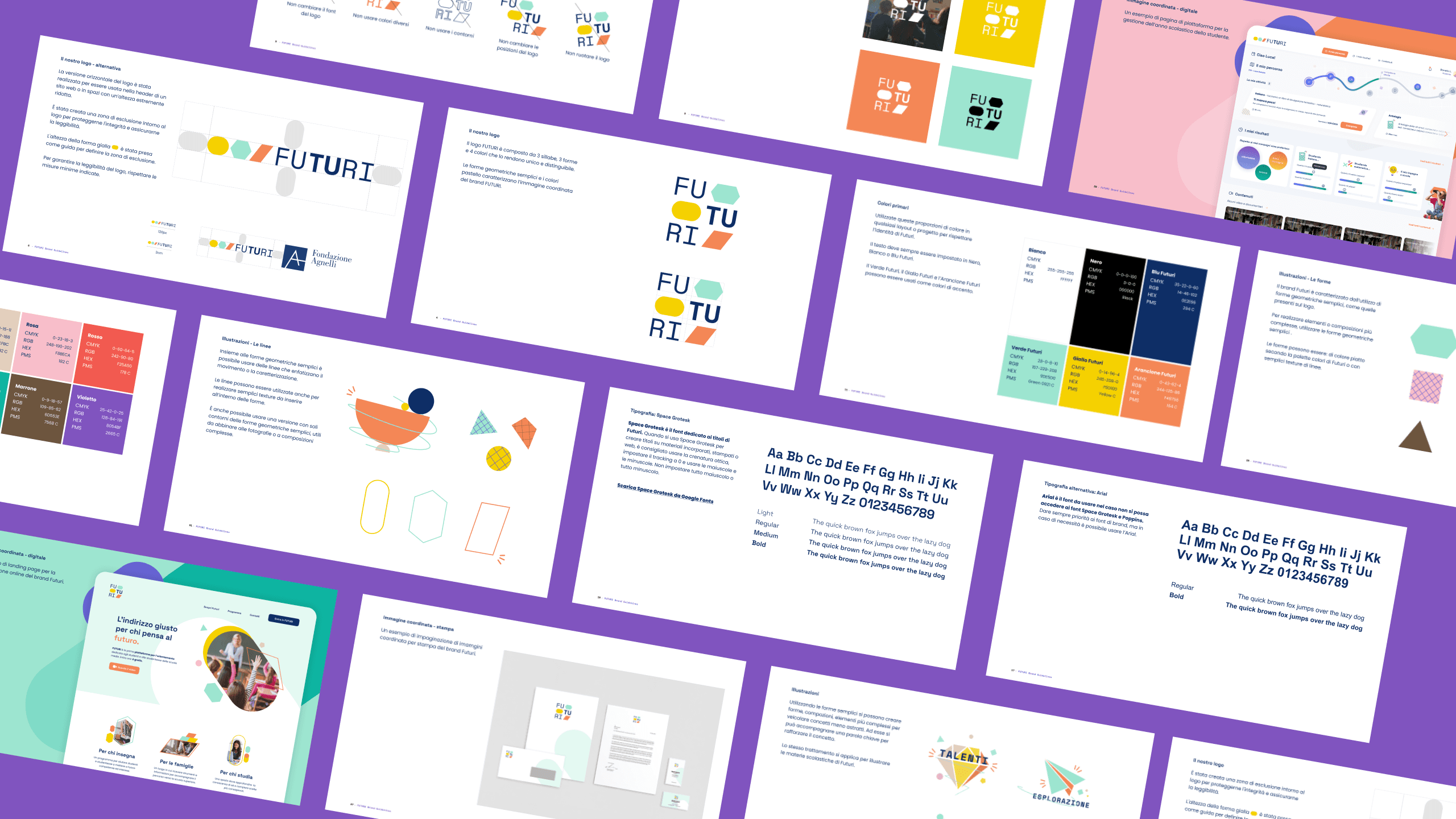 Slide in cui sono illustrate le guidelines dell'identità visiva come colori utilizzati, font, forme e logo