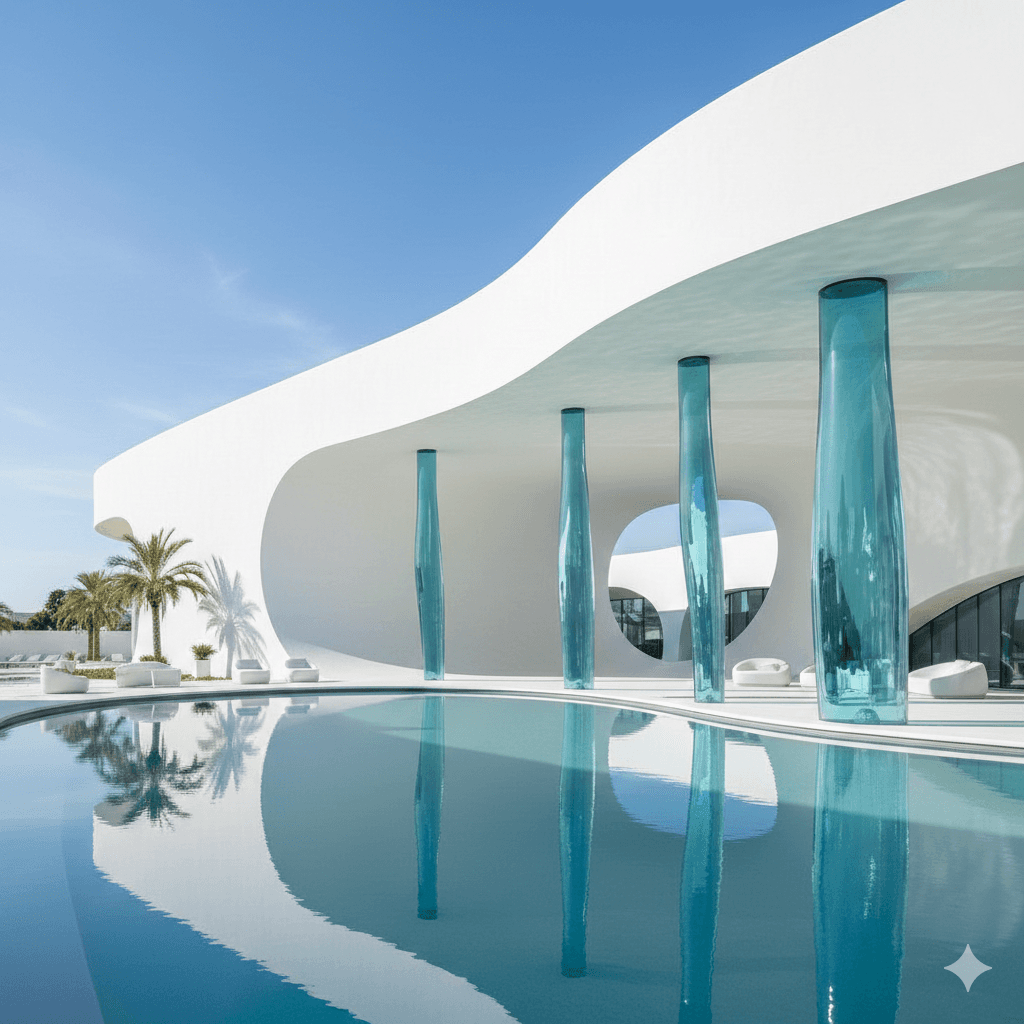 Modern architecture with fluid white curves and blue glass columns reflecting in a tranquil pool. Palm trees add a tropical feel under a clear sky.