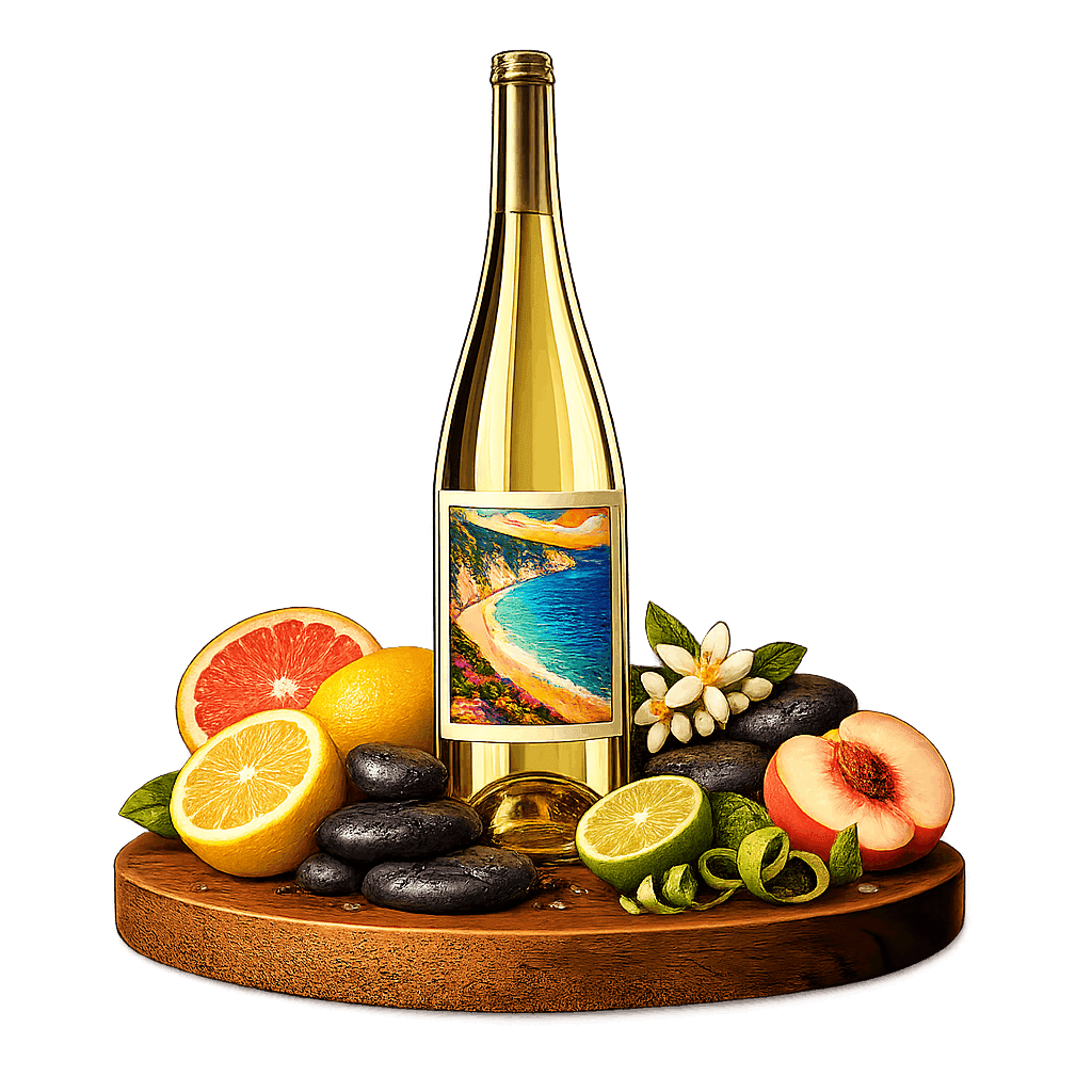 Artistic label and flavor profile for Greek Robola on a rustic wooden table.