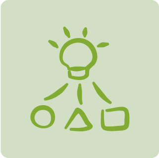 A simple green illustration on a light green background features a lightbulb connected by lines to a circle, triangle, and square, symbolizing innovation and creativity.