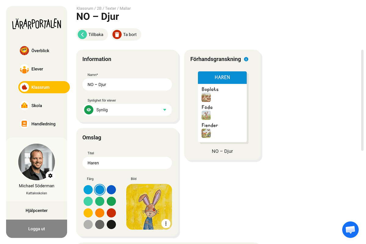 Mallbyggaren i Lärarportalen: mallen NO – Djur med namn, synlighet, omslagsfärg och bild samt förhandsgranskning