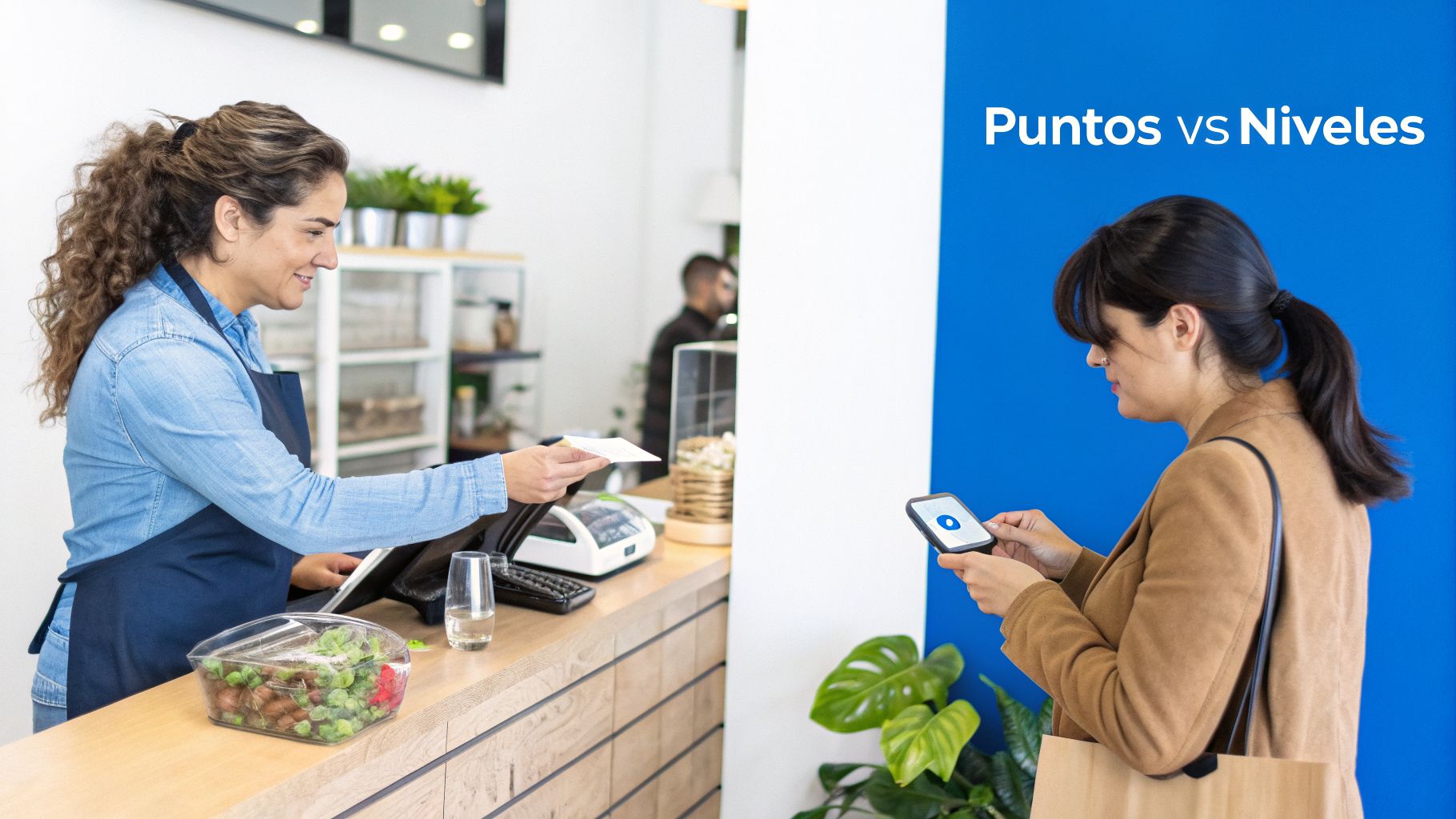 Una cajera entrega un recibo mientras una clienta usa su móvil con la frase 'Puntos vs Niveles'.
