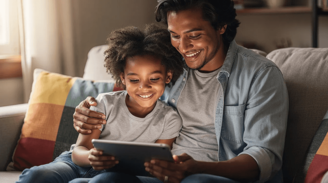 A parent and child are sitting together on a cozy couch, smiling as they look at a tablet, sharing a joyful moment. This image captures the essence of family bonding and the ease of using technology for activities like online booking or managing dance classes through user-friendly dance studio management software.