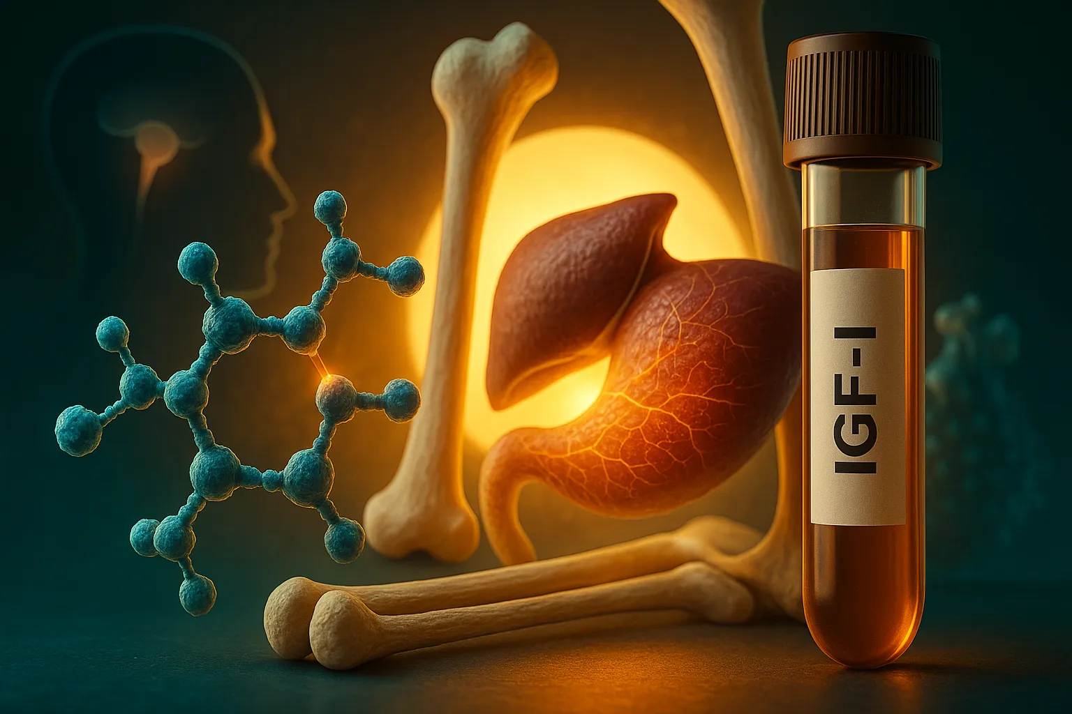 IGF-1 blood sample vial with stylized liver, bones, and hormone molecule illustration.