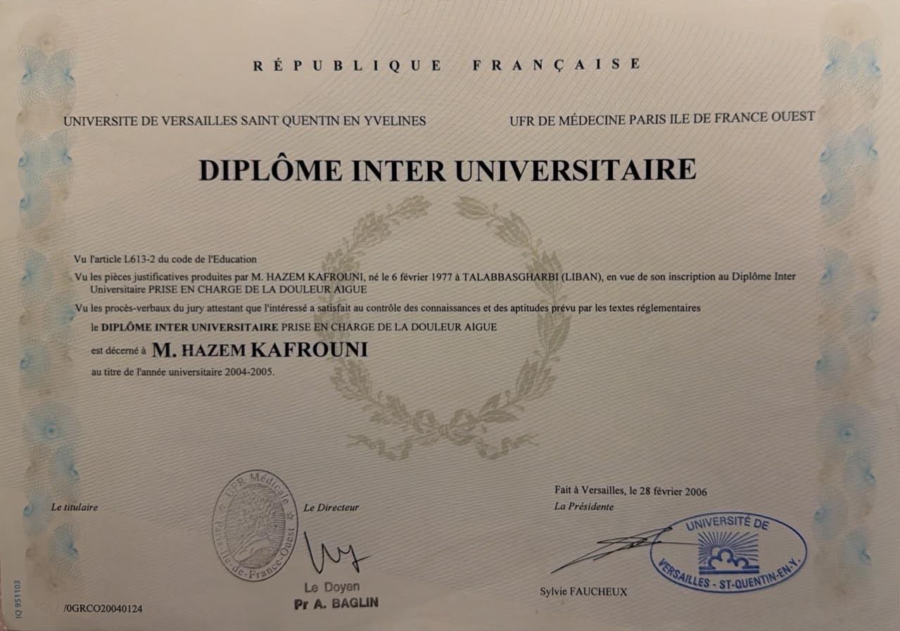 Dr. Hazem Kafrouni inter-university diploma in acute pain management