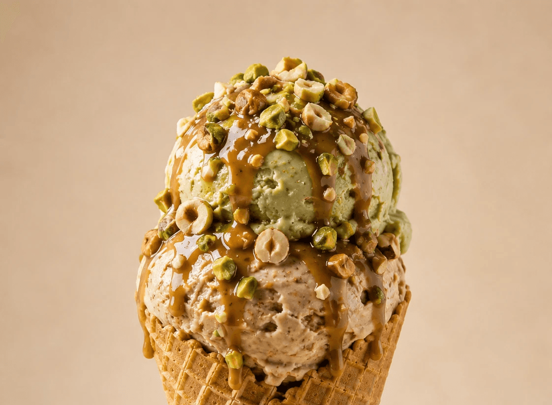 Cono intero con gelato al pistacchio e nocciola, granella abbondante su sfondo crema
