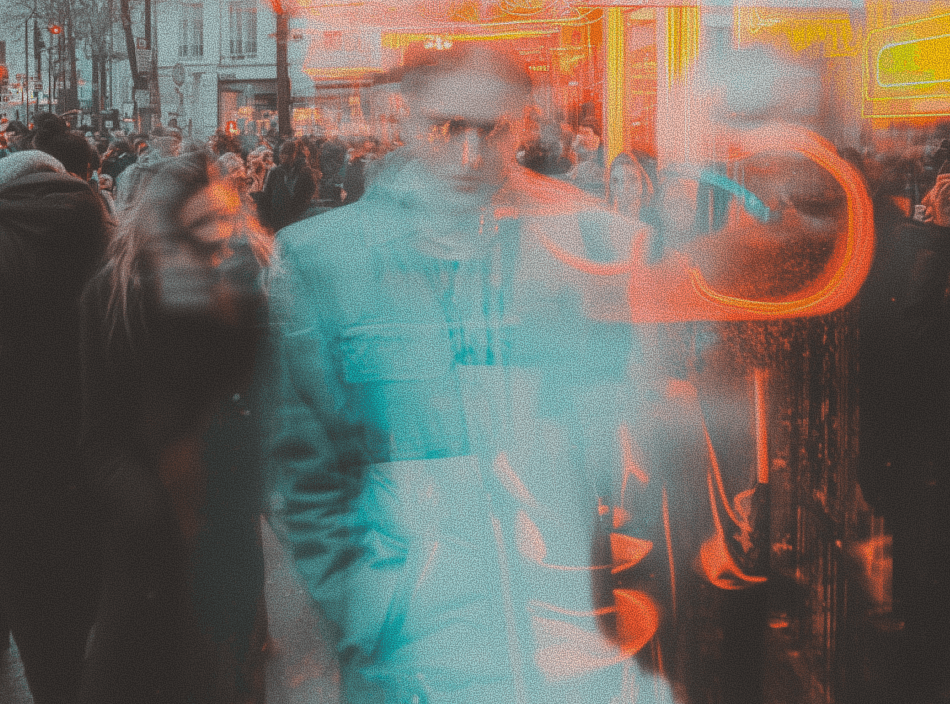 Blurry crowd in city at night with neon lights and motion effects.